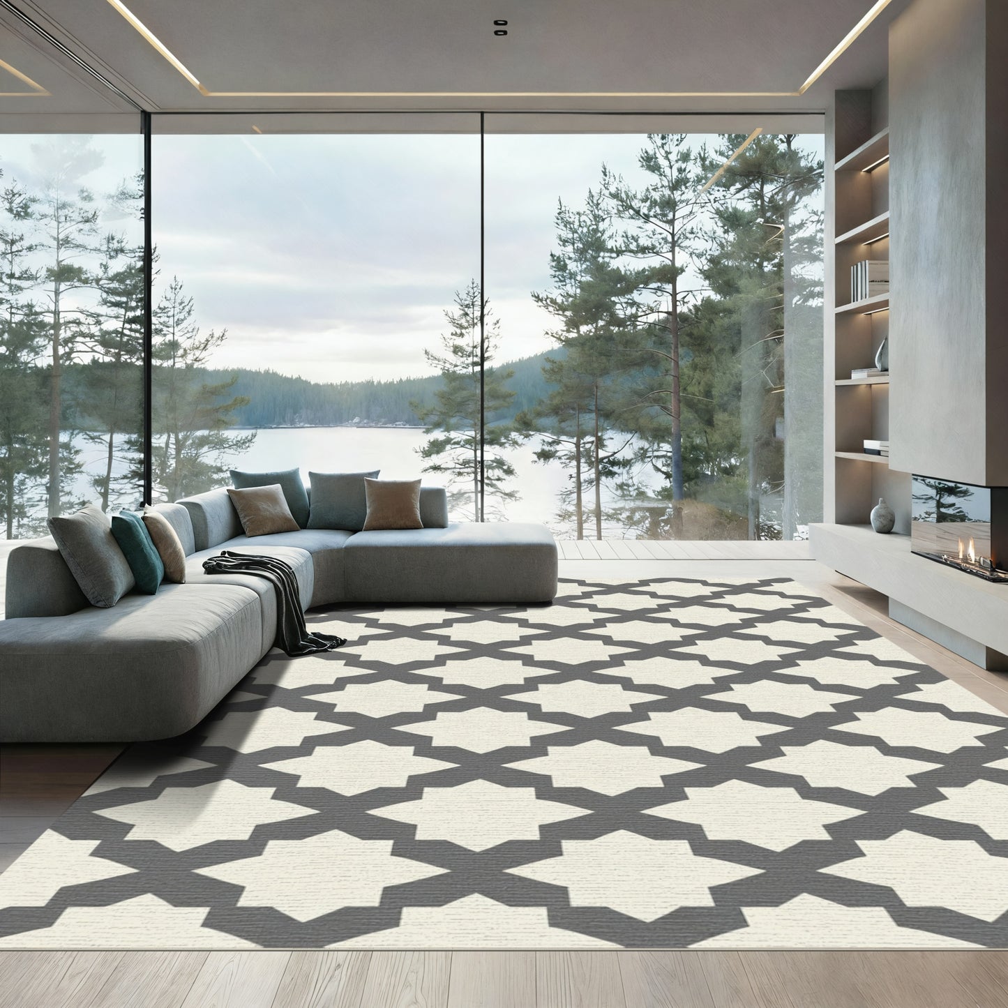 Cream And Charcoal Geometric Star Rug