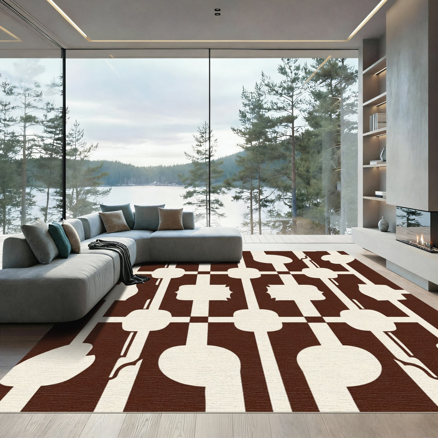 Cream and Brown Geometric Lattice Rug
