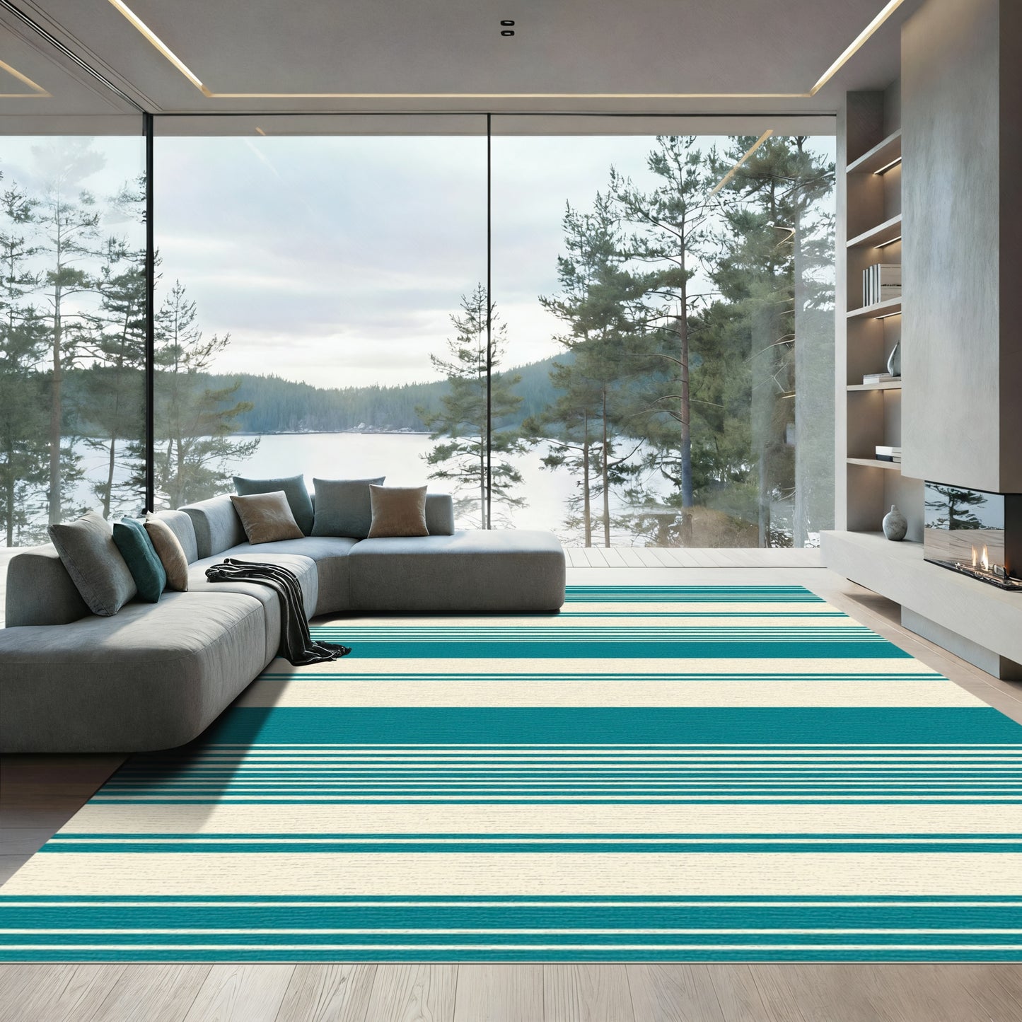 Teal Cream Horizontal Stripe Rug