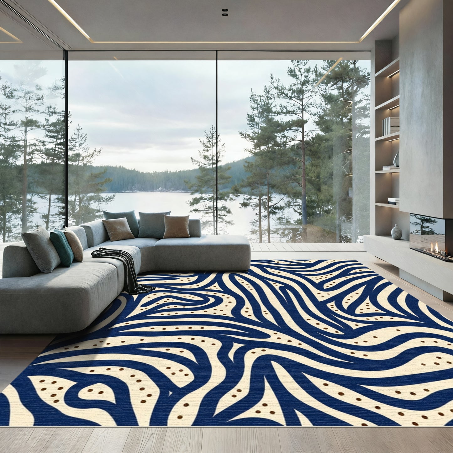 Navy Cream Wavy Abstract Flow Rug