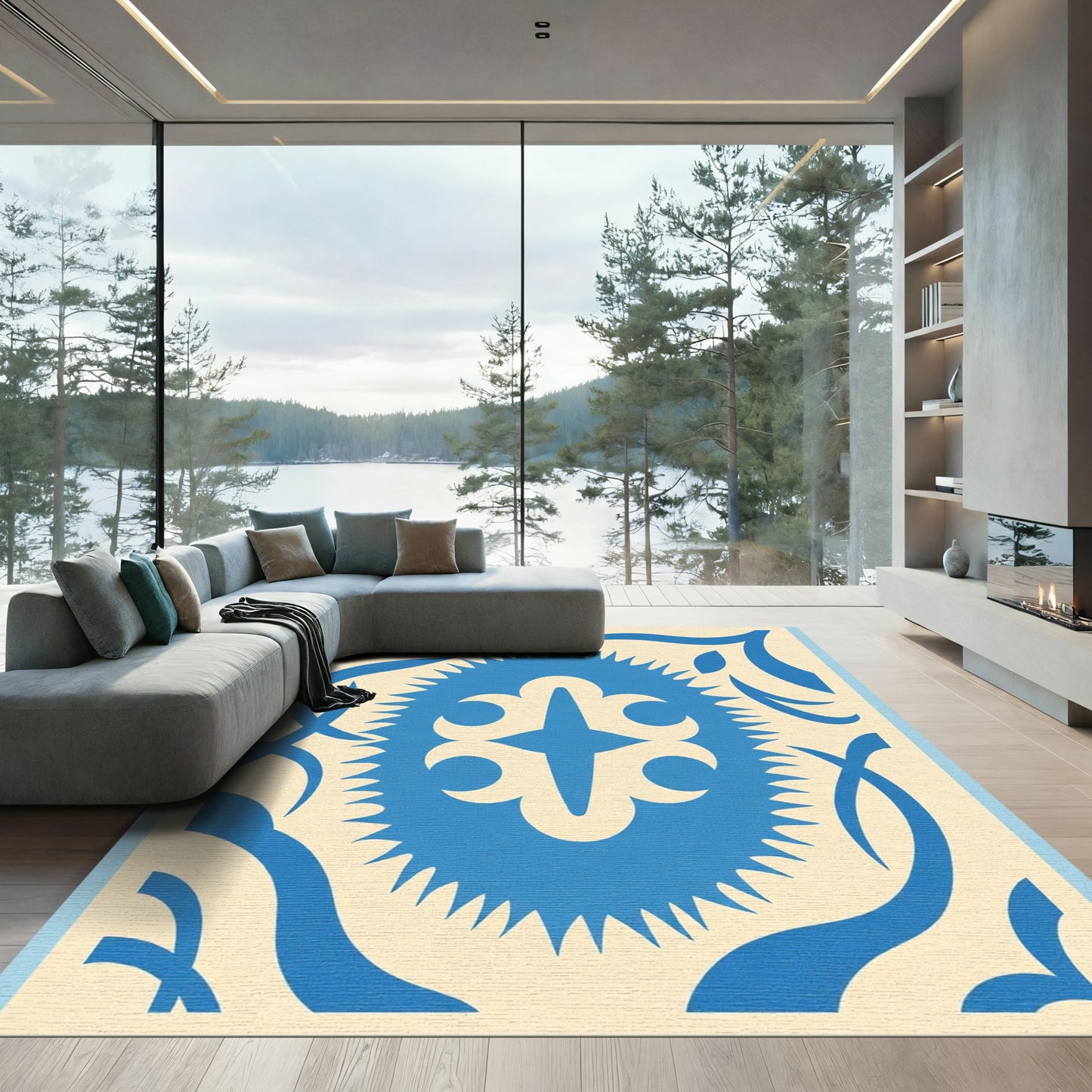 Blue Ivory Stylized Floral Medallion Rug