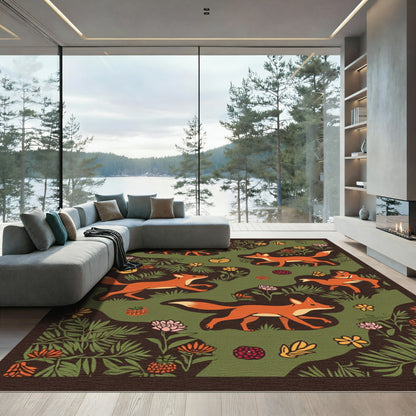 Woodland Foxes Green Fern Floral Scene Rug
