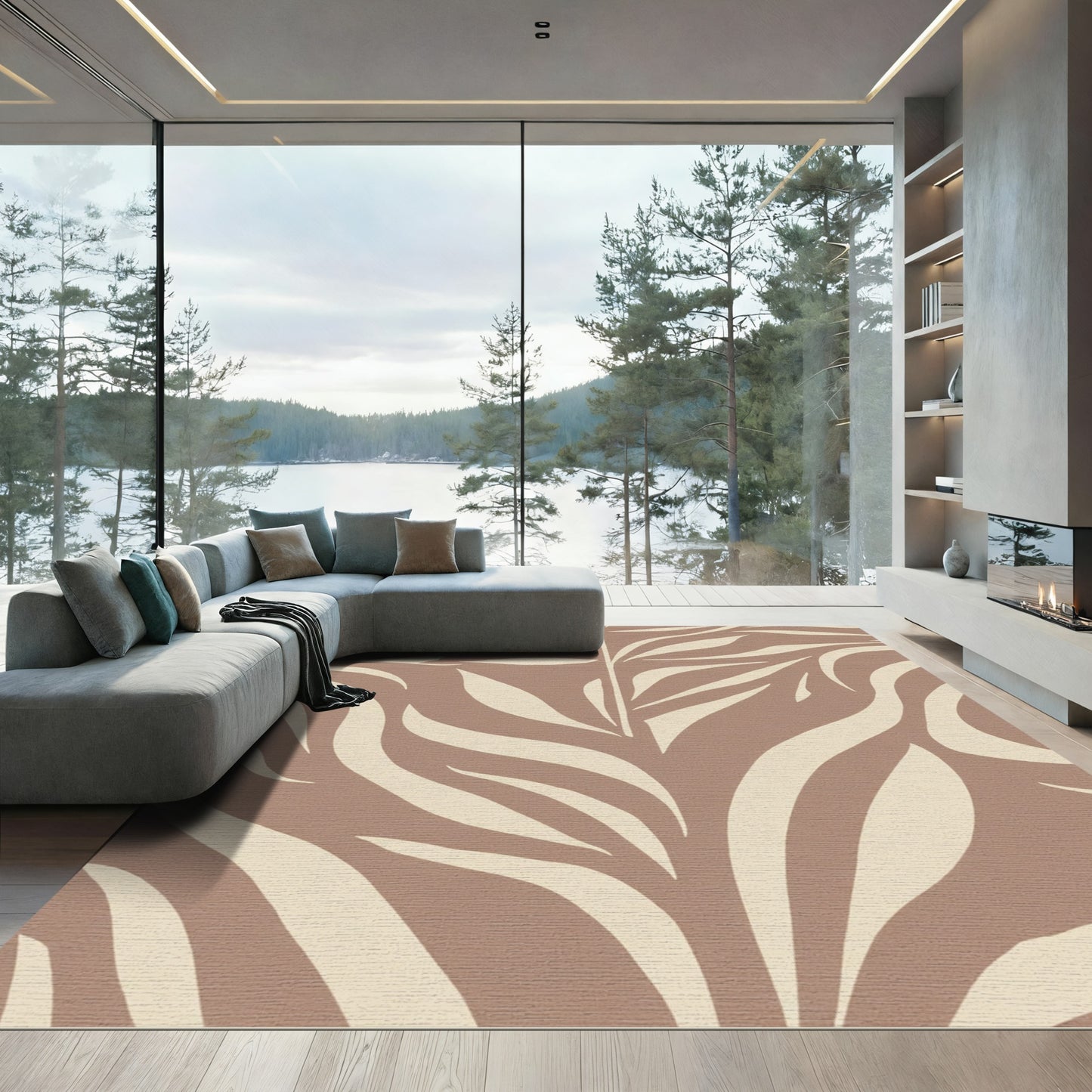 Earthy Beige Abstract Leaf Swirl Rug