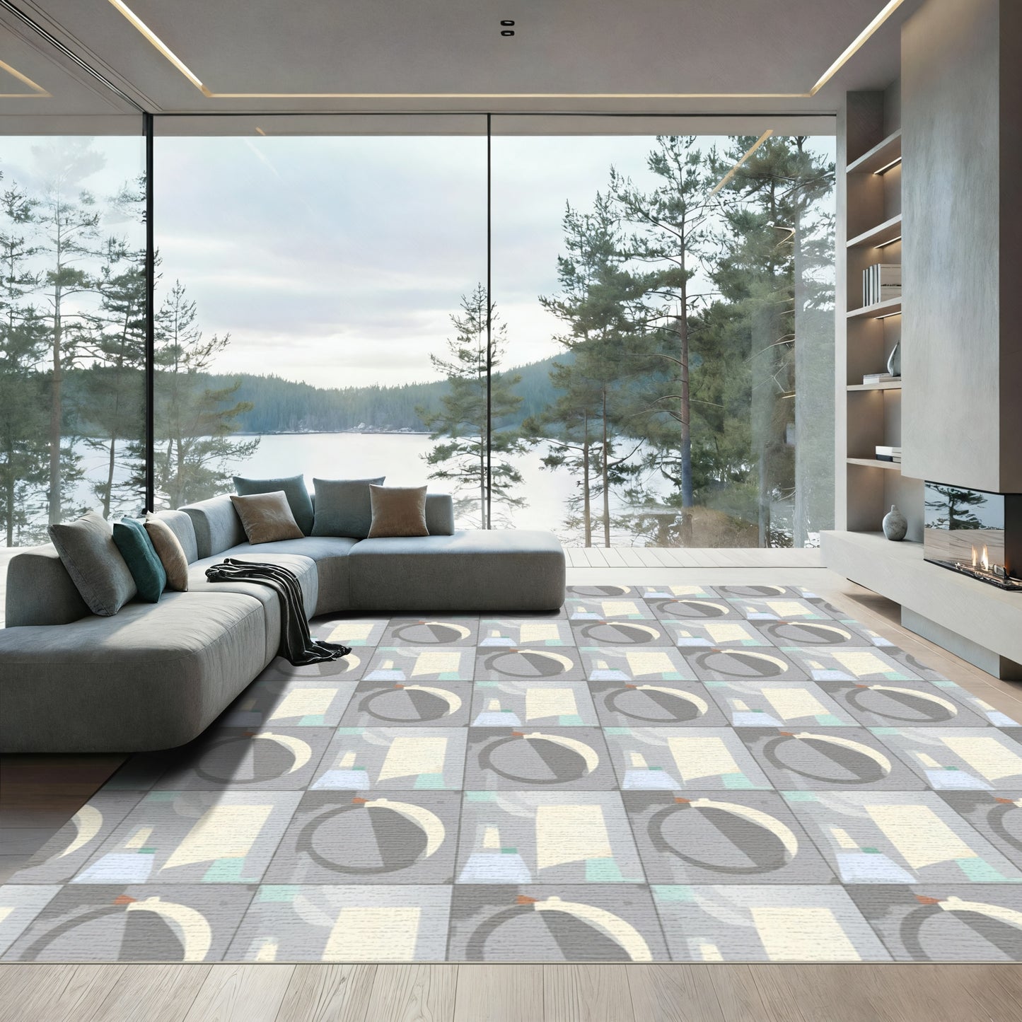 Geometric Gray Ivory Abstract Squares Rug
