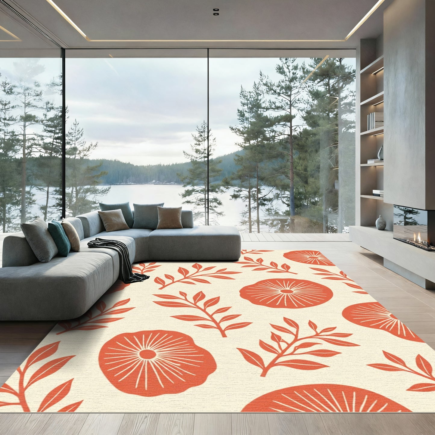 Coral Red Botanical Medallion Rug