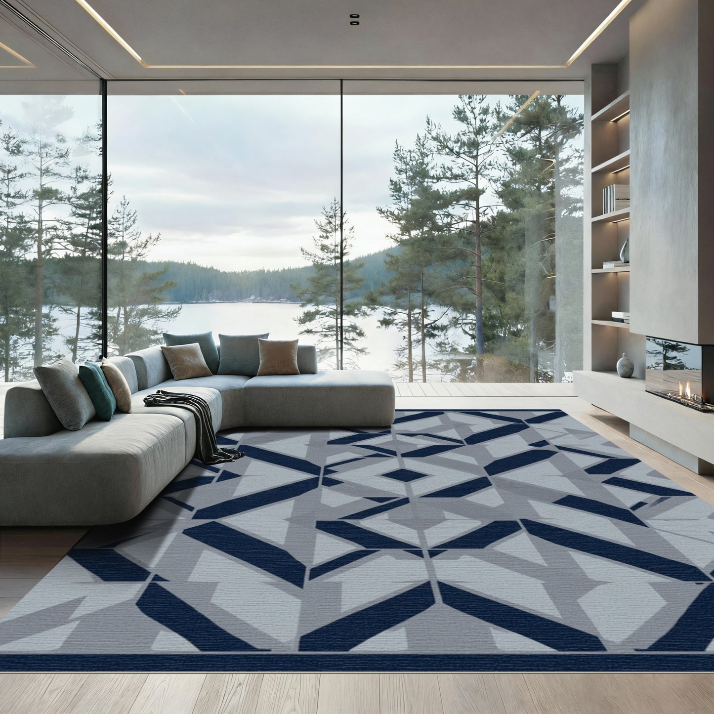 Navy Blue Gray Geometric Diamond Mosaic Rug
