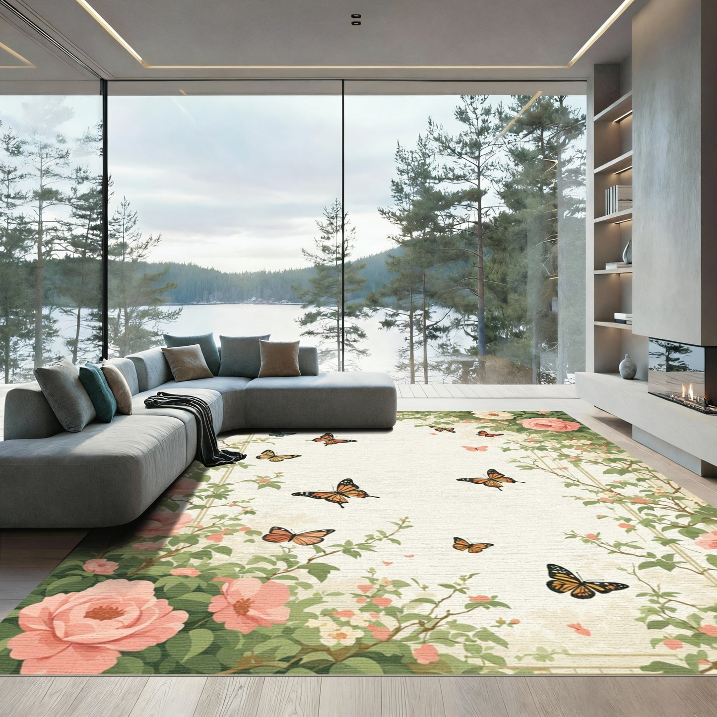 Enchanted Garden Butterflies Emerald Vines Rug