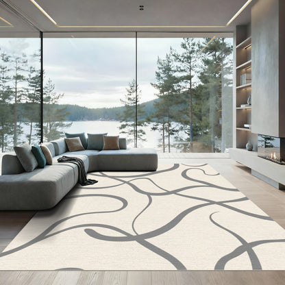 Cream Gray Flowing Swirl Abstract Rug