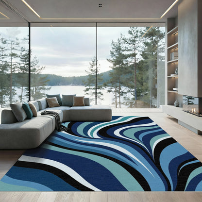 Dark Blue Wave Swirl Abstract Rug