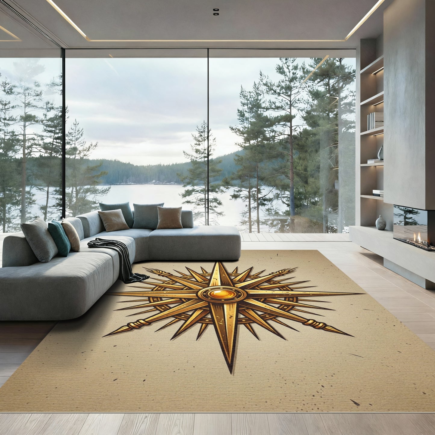Ornate Golden Compass Rose Navigator Rug