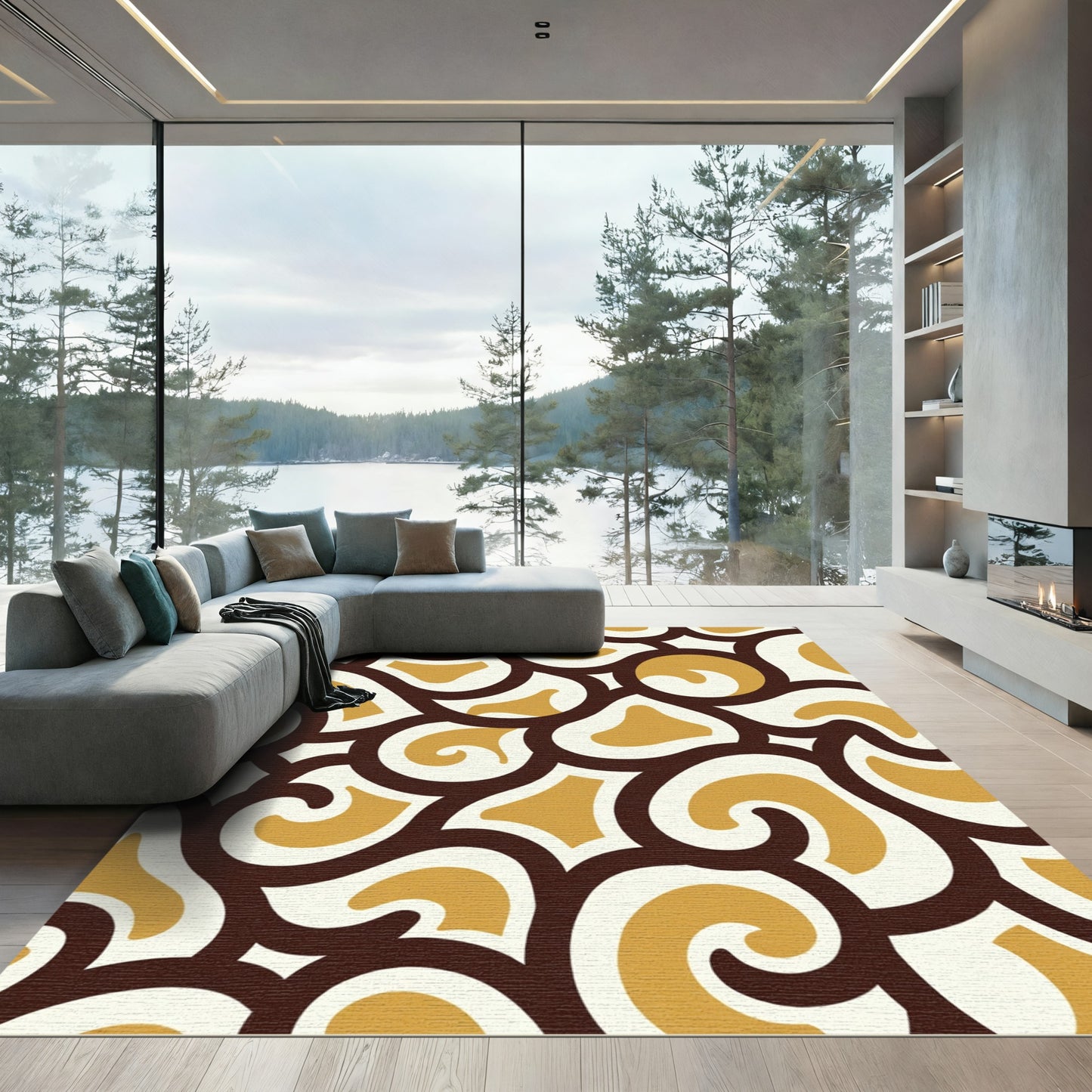 Brown Gold Swirl Organic Abstraction Rug