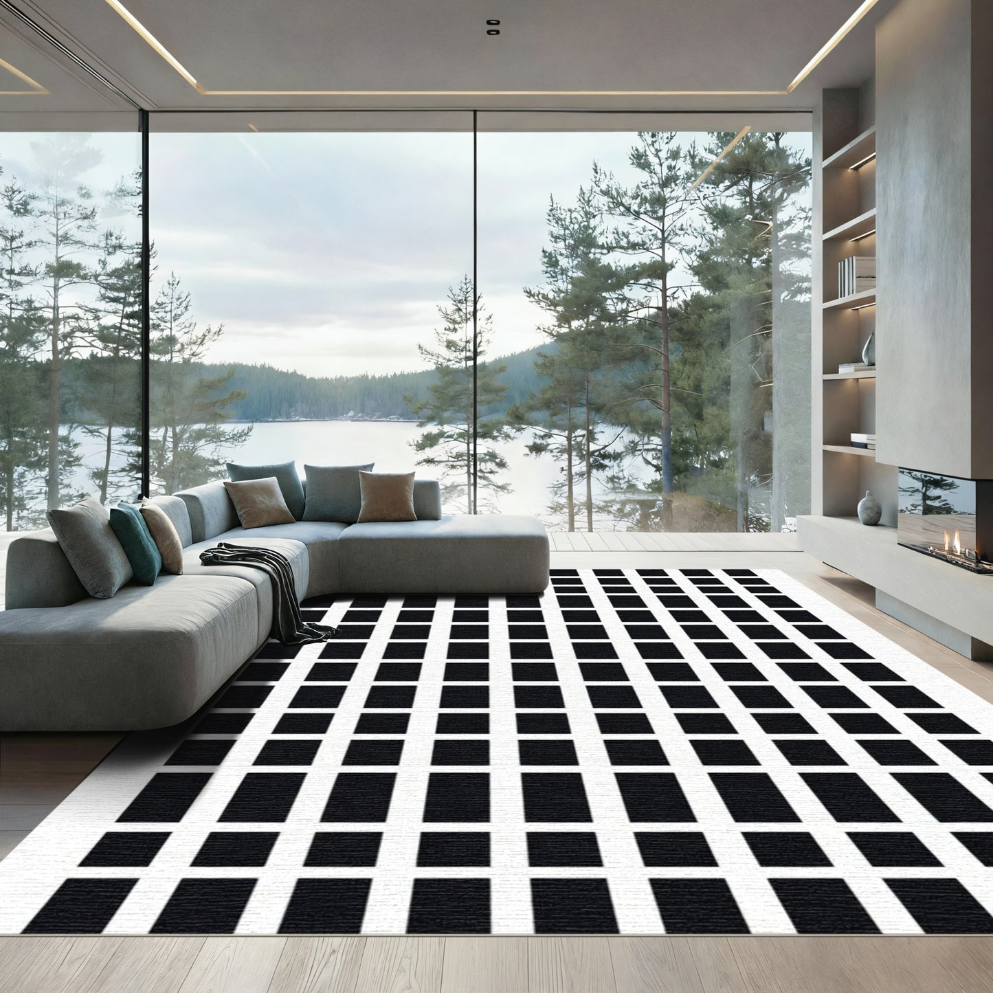 Minimalist Black Grid Squares Rug