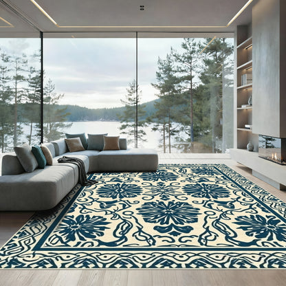 Navy Blue Floral Scroll Relief Rug
