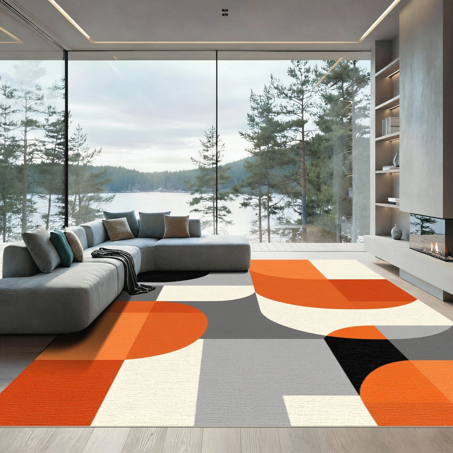 Modern Orange Gray Geometric Curves Rug