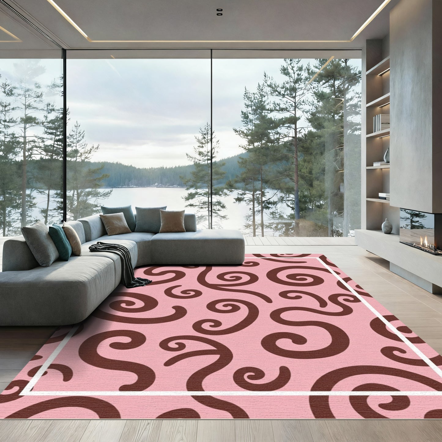 Pink Swirling Curves Abstract Rug
