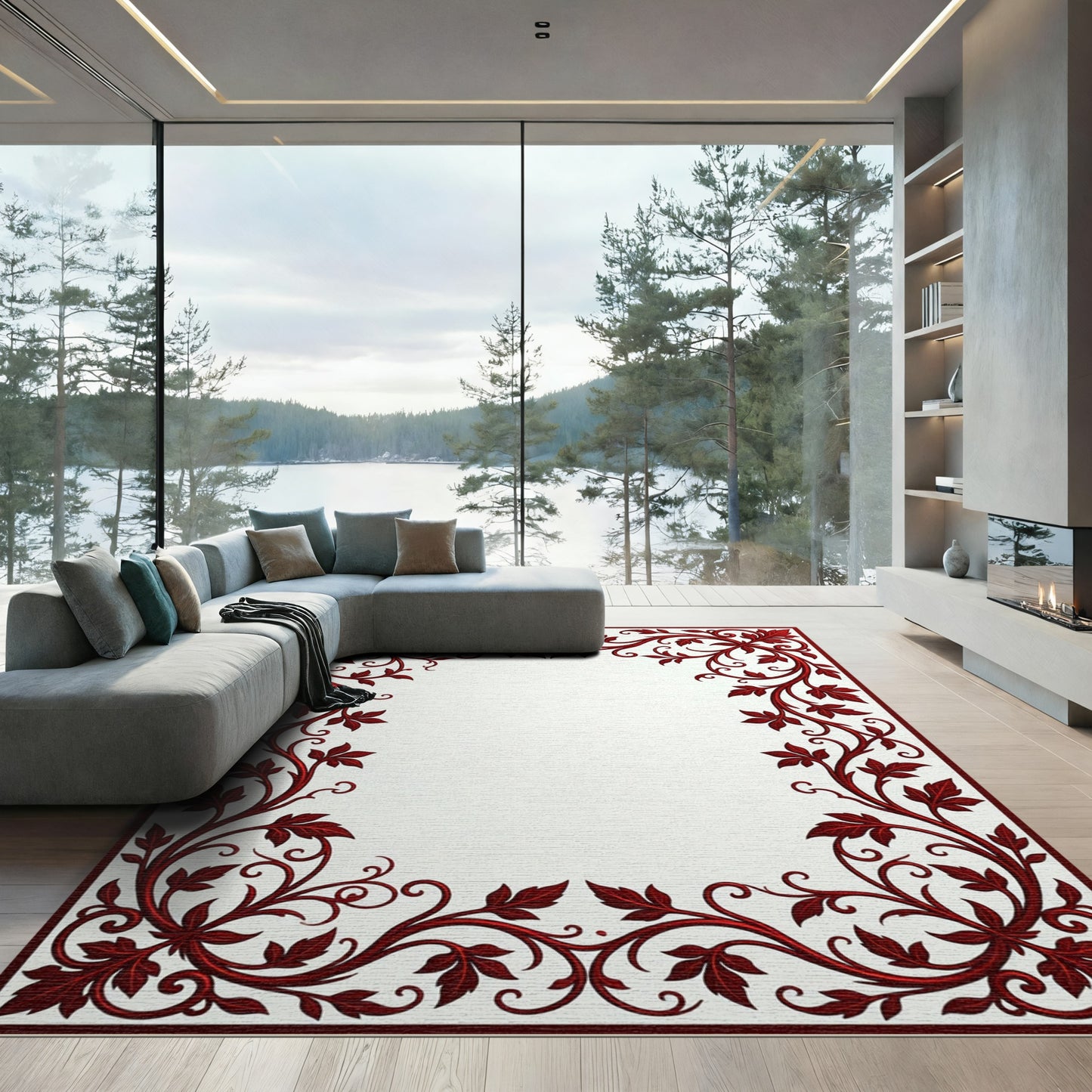 Rich Crimson Leafy Vine Border Rug