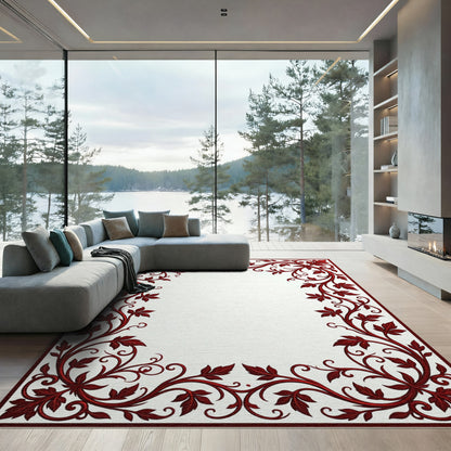 Rich Crimson Leafy Vine Border Rug