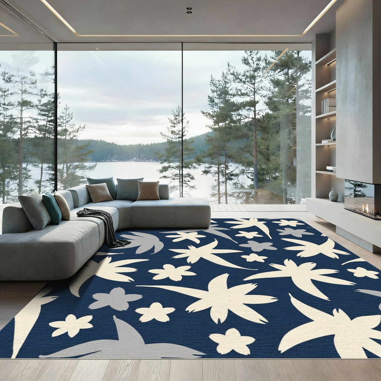 Navy Cream Starburst Floral Arrangement Rug
