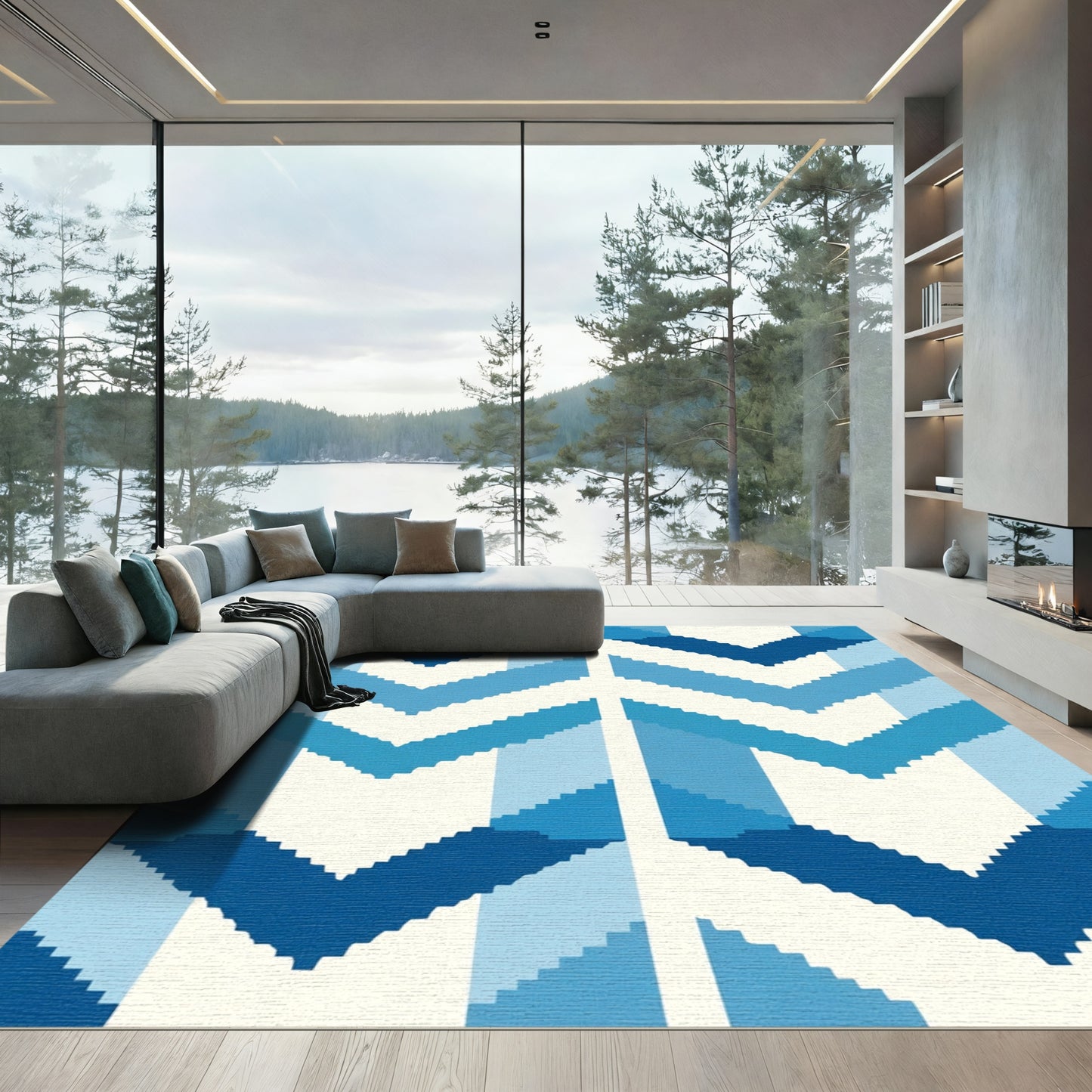 Ombre Blue Chevron Zigzag Rug