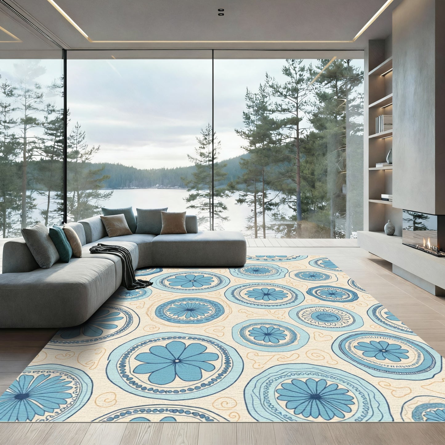 Azure Blue Mandala Scattered Elements Rug