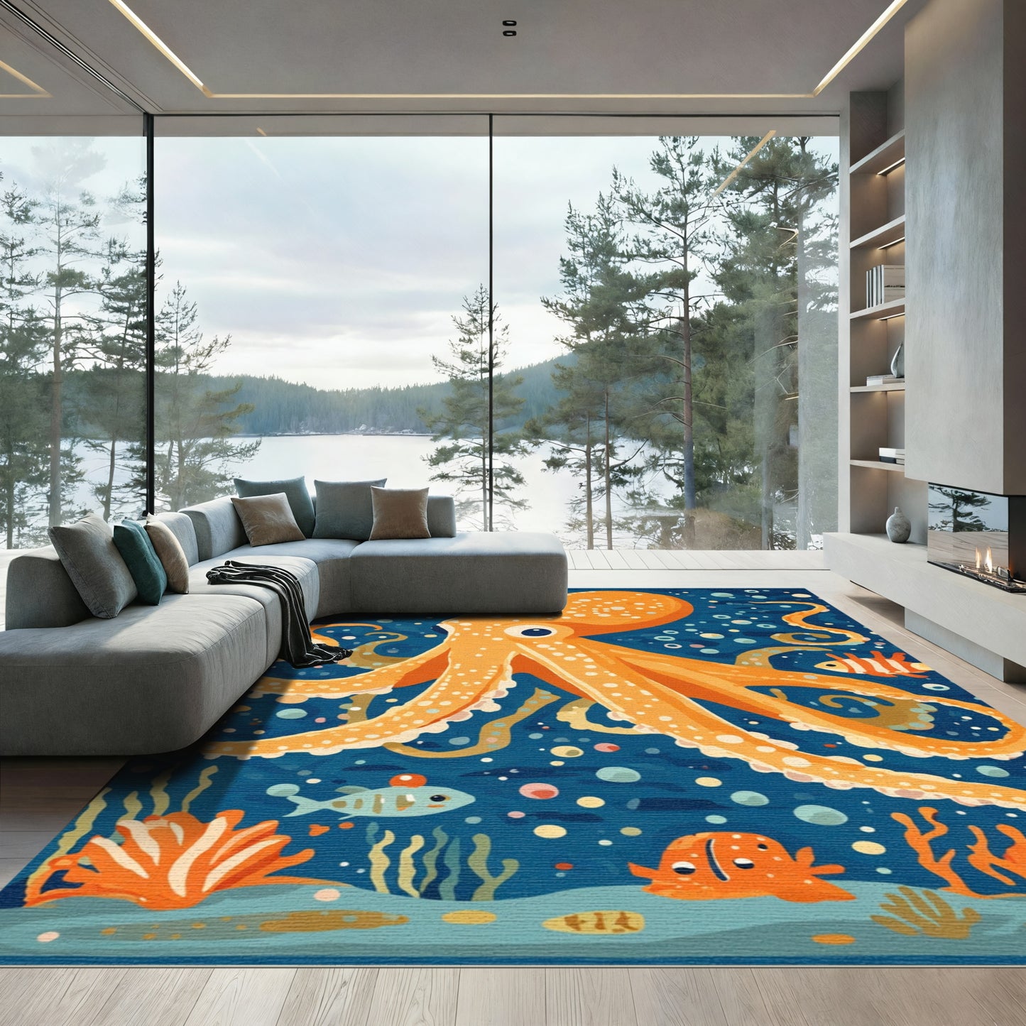 Whimsical Orange Octopus Underwater Scene Rug