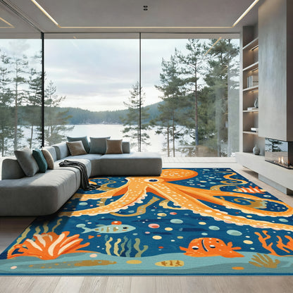 Whimsical Orange Octopus Underwater Scene Rug