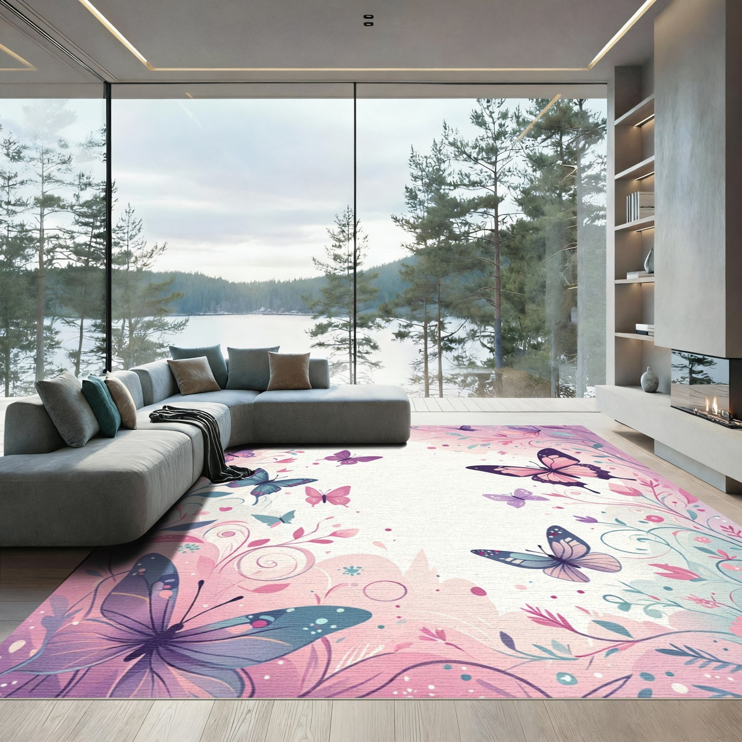 Whimsical Pink Butterfly Garden Swirls Rug
