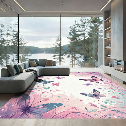 Whimsical Pink Butterfly Garden Swirls Rug