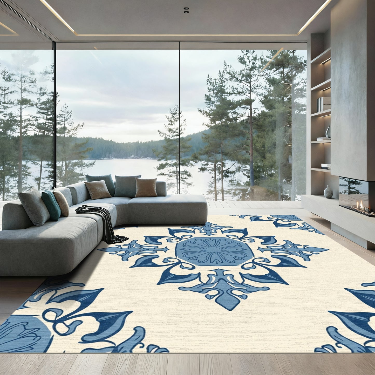 Blue and Cream Vintage Tile Rug