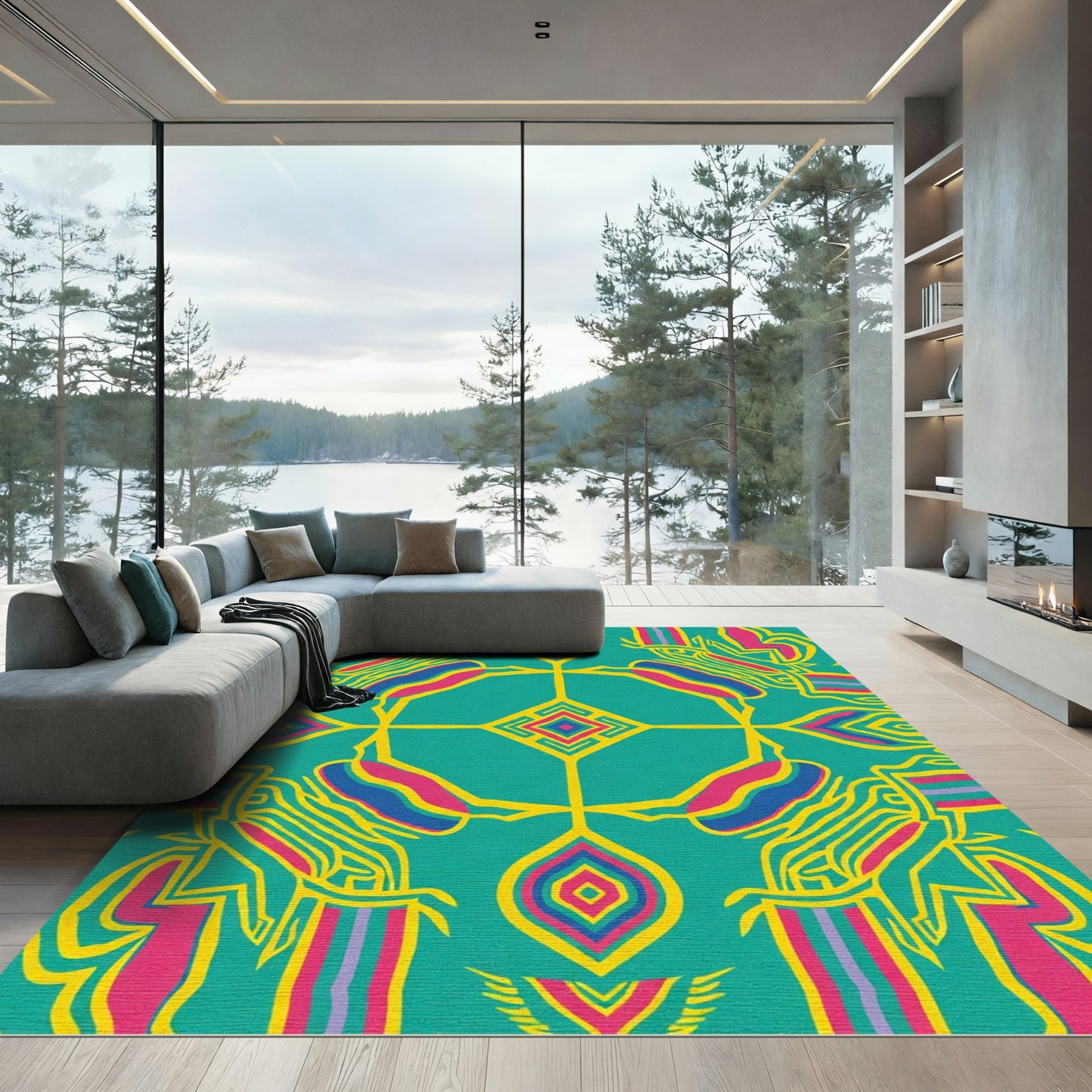 Vibrant Teal Geometric Medallion Rug