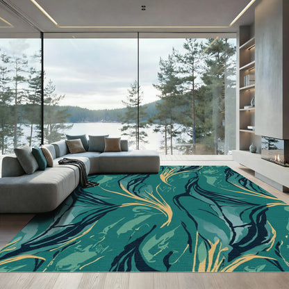 Teal And Gold Abstract Swirls Rug
