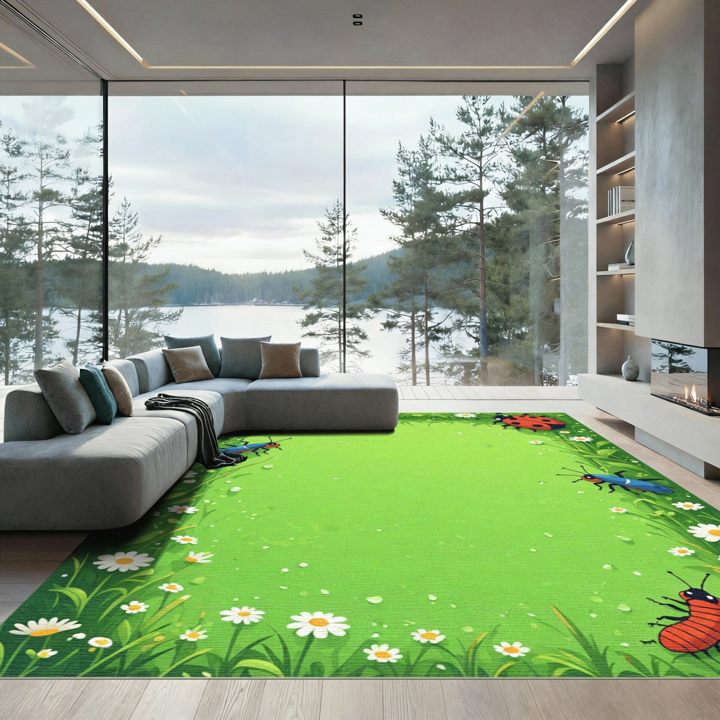 Vibrant Green Meadow Ladybug Insects Rug