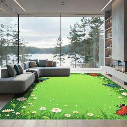 Vibrant Green Meadow Ladybug Insects Rug
