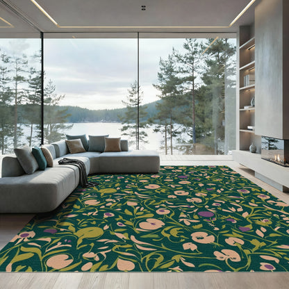 Deep Teal Floral Vine Garden Rug