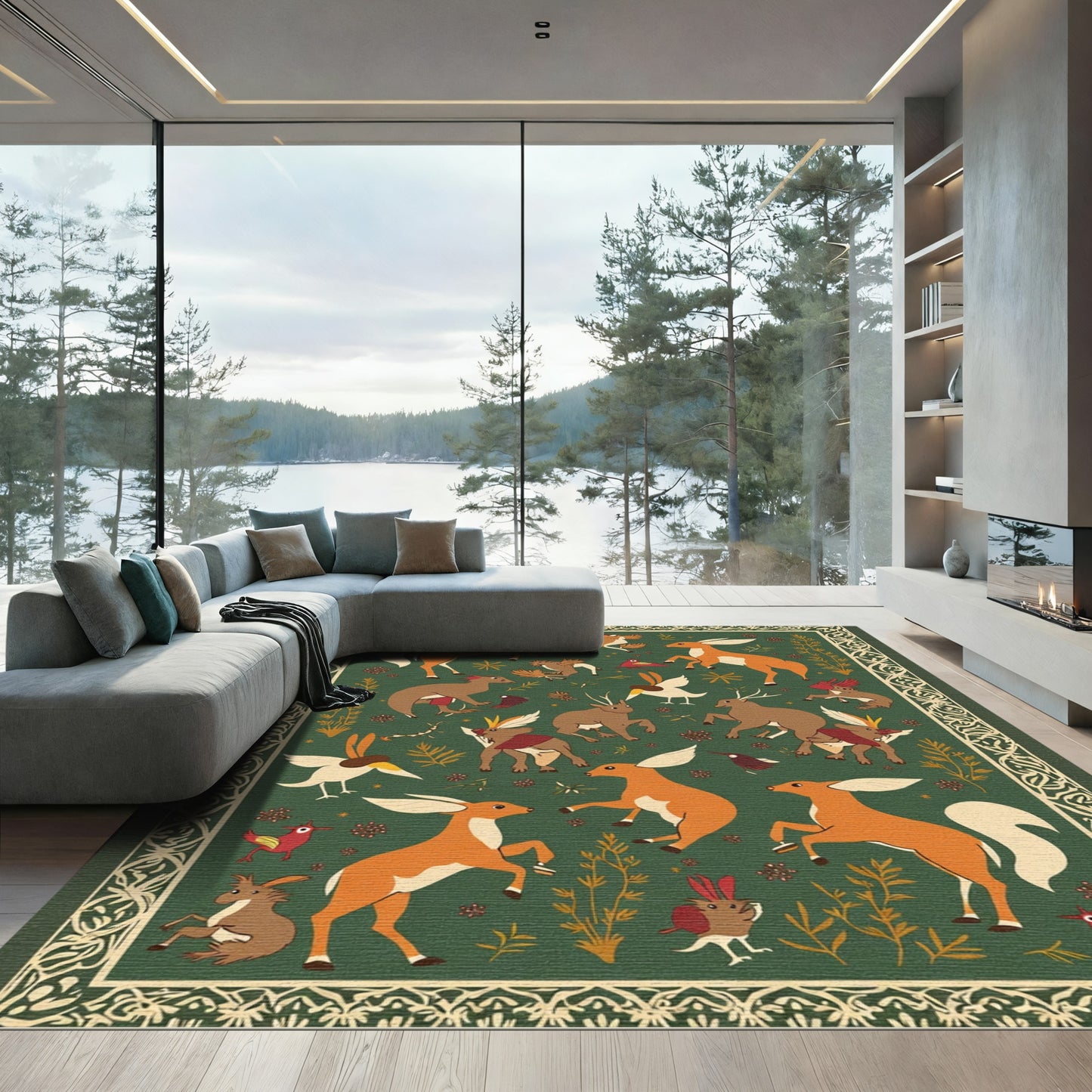 Whimsical Woodland Creatures Forest Green Rug