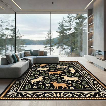Rustic Dogs and Flowers Black Tapestry Rug
