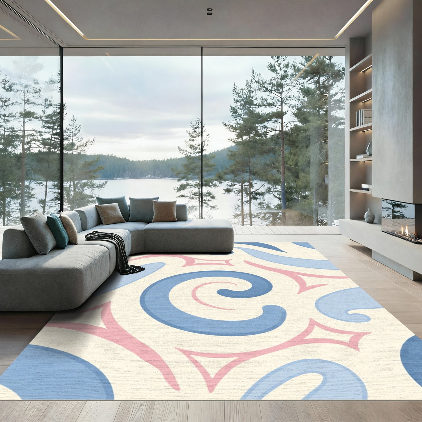 Soft Blue Pink Swirls Abstract Rug