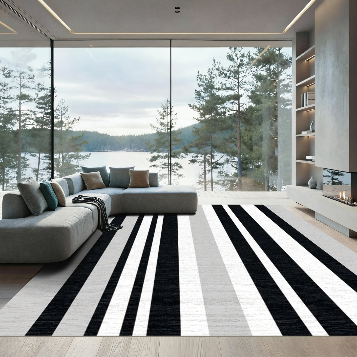 Modern Black White Gray Stripe Rug