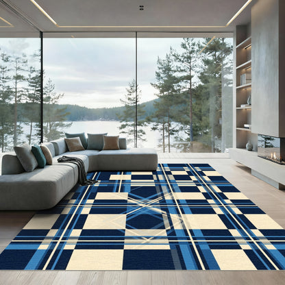 Deep Blue Cream Plaid Geometric Rug