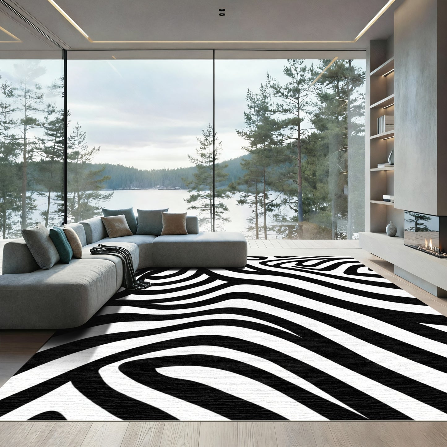 Bold Black White Swirl Stripes Rug