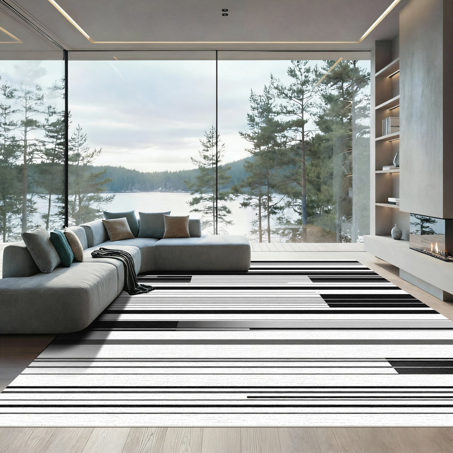 Modern Black and Gray Striped Rug