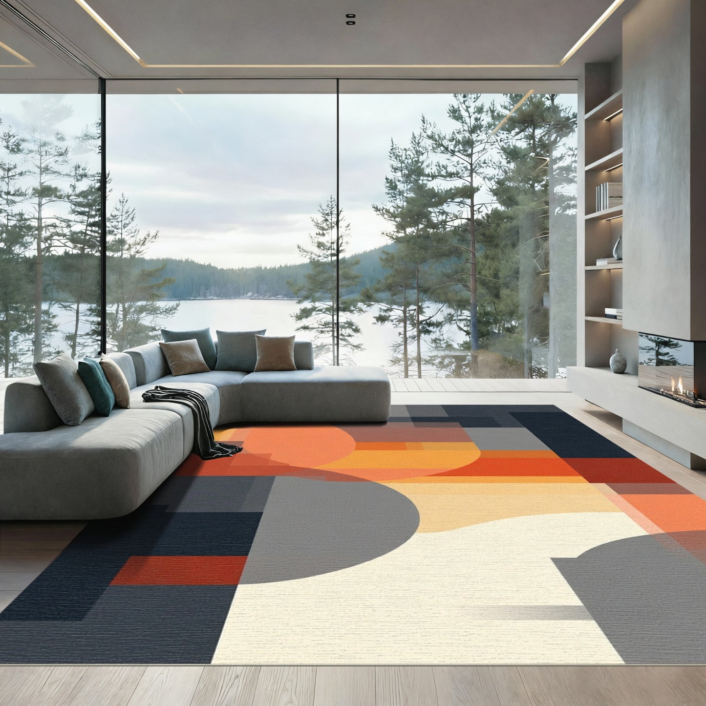 Modern Orange Abstract Geometric Forms Rug