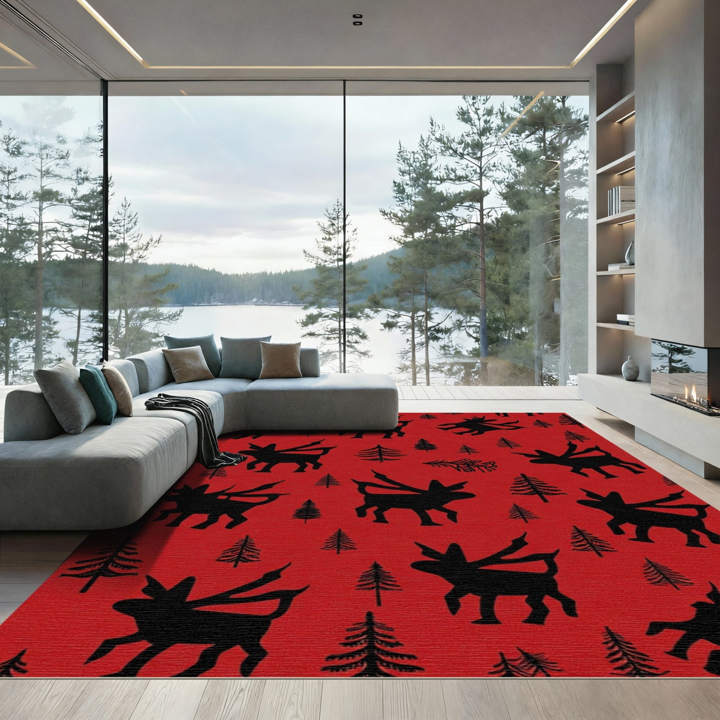 Bold Black Creatures Red Forest Rug