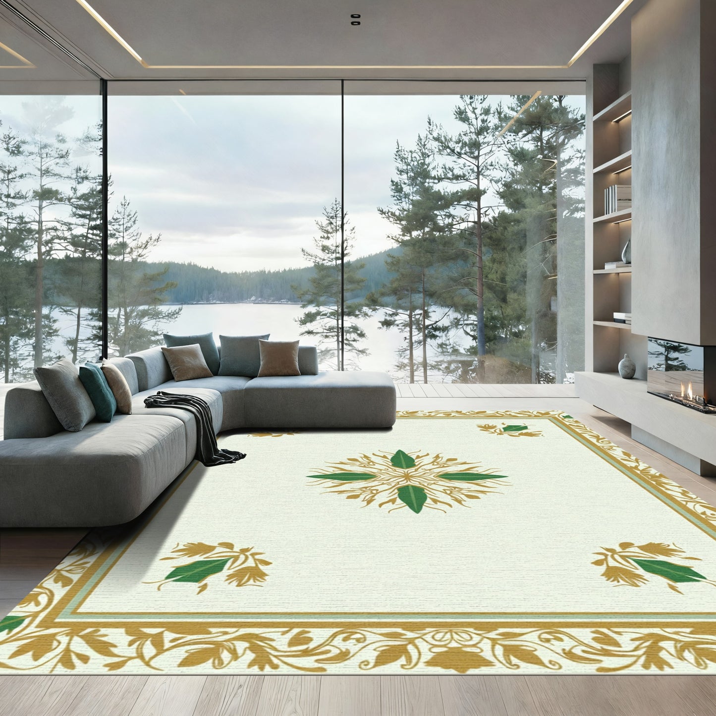 Ivory Gold Green Floral Medallion Border Rug