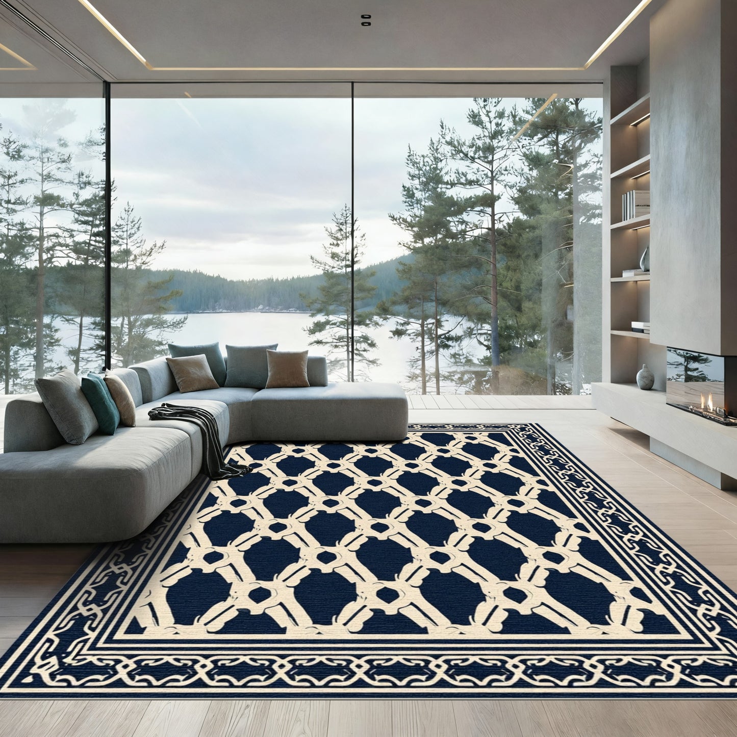 Cream Geometric Lattice Dark Blue Rug