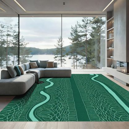 Deep Forest Winding River Lines Rug