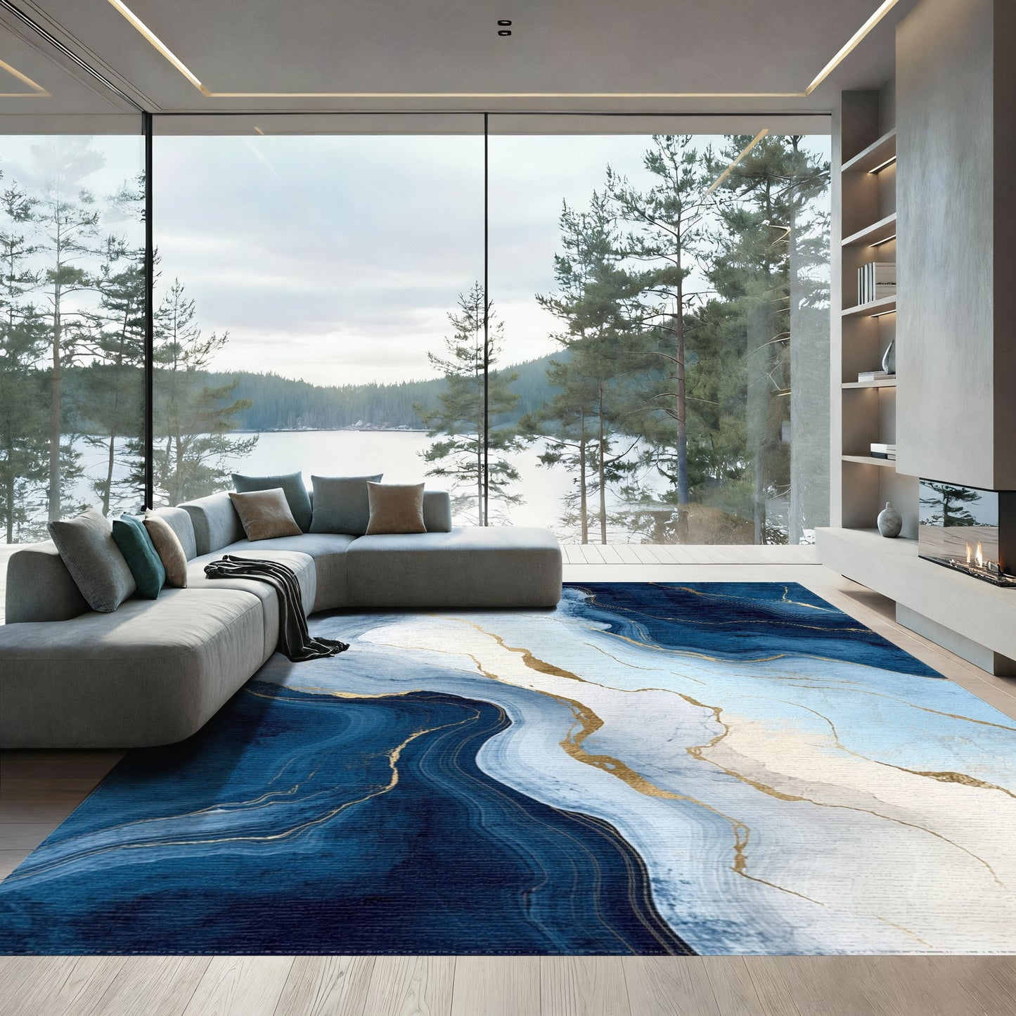 Navy Blue Gold Veined Marble Rug