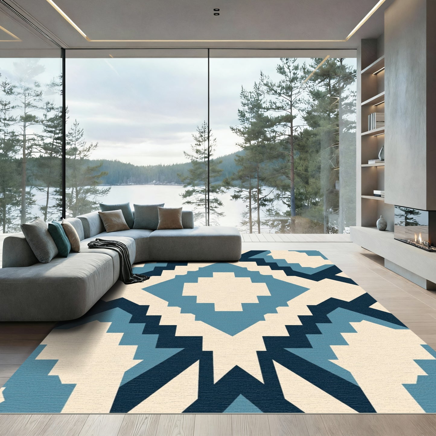 Geometric Diamond Blue Cream Rug
