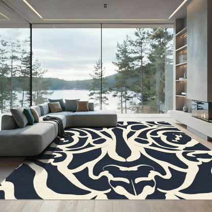 Cream Dark Blue Abstract Swirl Rug