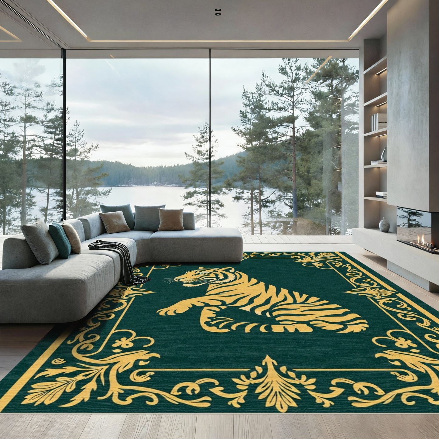 Gold Tiger Regal Scrollwork Emerald Rug